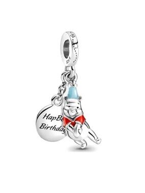 Sterling Silver Winnie the Pooh Birthday Charm with Red Shirt and Blue Hat